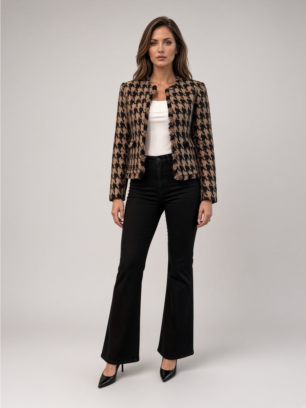 L'AGENCE Adette Black and Tan Houndstooth Fringe Tweed Jacket - Picture 2 of 7